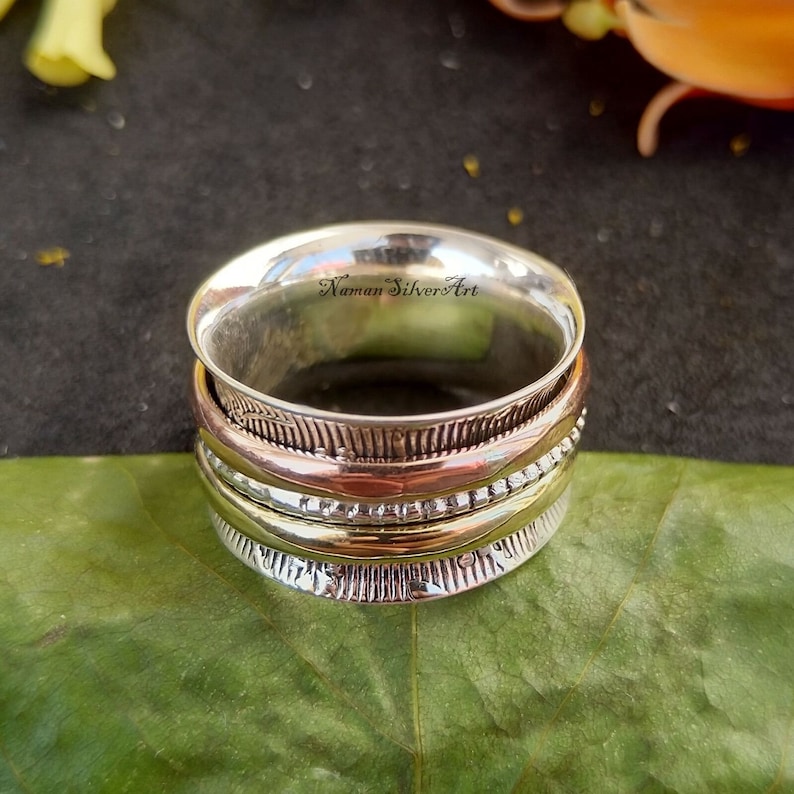 3 Tone Spinner Ring Beaded Spinner ring Thumb ring Gift Meditation Wide Band Silver Spinner Anxiety Ring Floral Texture Band Ring