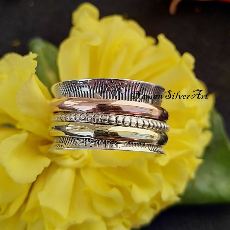 3 Tone Spinner Ring Beaded Spinner ring Thumb ring Gift Meditation Wide Band Silver Spinner Anxiety Ring Floral Texture Band Ring