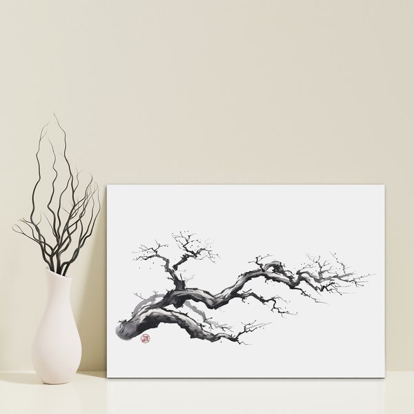 Impression d’art Sumi-e | belle peinture japonaise inspirée du sumi-e : Branche d'arbre antique - impression d'art signée sur papier de riz traditionnel