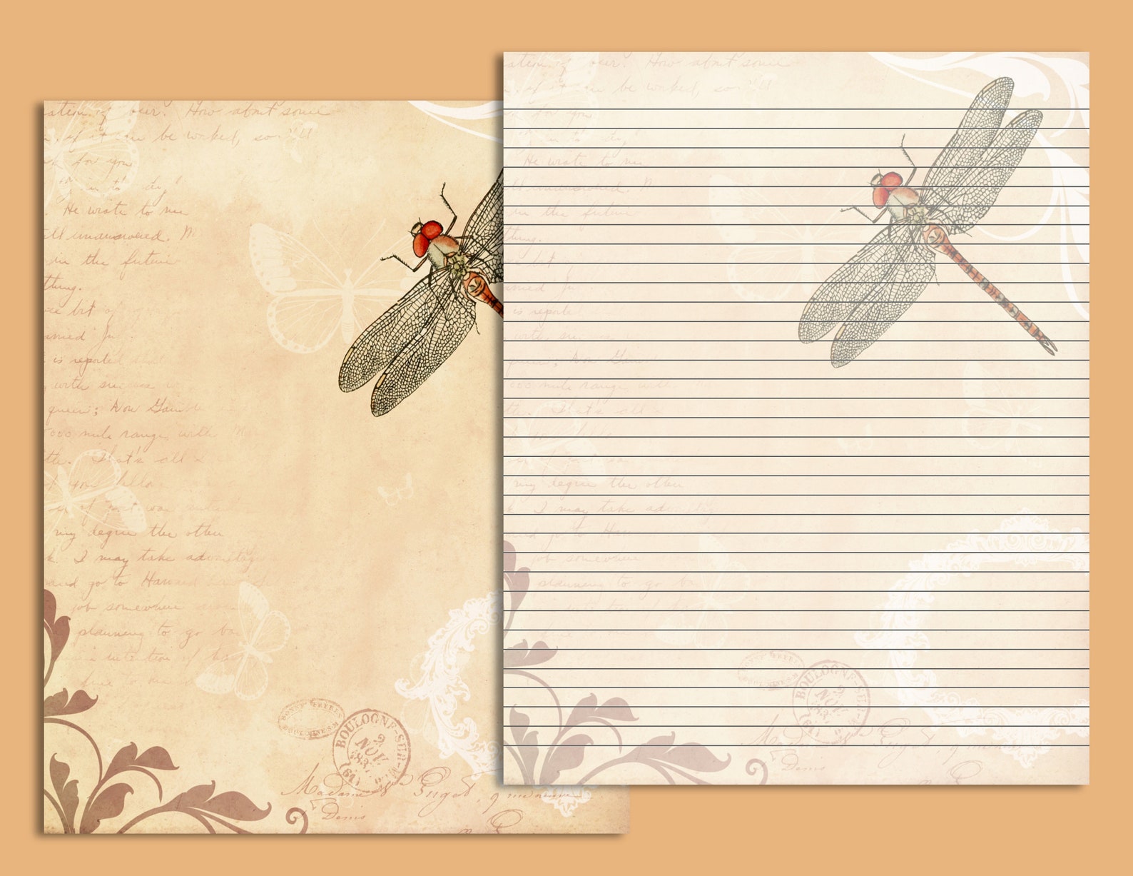 VINTAGE DRAGONFLY Printable Stationery Set Instant Digital | Etsy