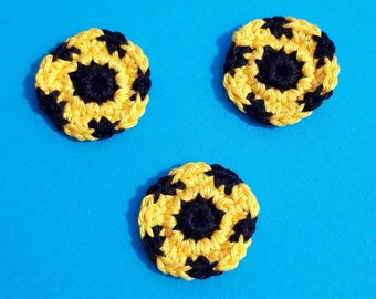 3 football applications crocheted black yellow