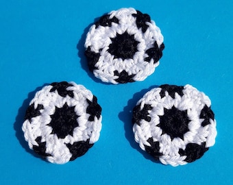 3 football applications crocheted black and white