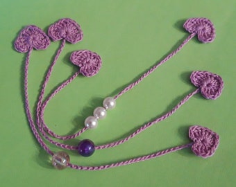 3 pendulum/bookmark HEARTS crocheted purple