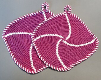 Crochet potholders Spirals pink/white