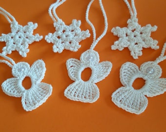 3 Anges + 3 Flocons de neige au crochet blanc brut