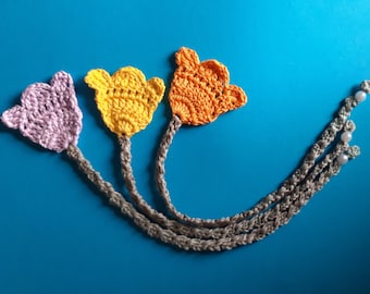 3 Marque-pages au crochet TULIPES, jaune, orange, lilas