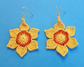 Earrings crochet DAFFODIL yellow orange