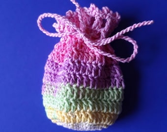 crochet sack in light lilac baby colors