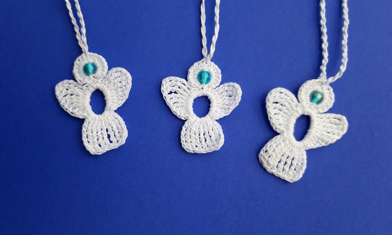 3 crochet Angel Charms white, turquoise bead image 1