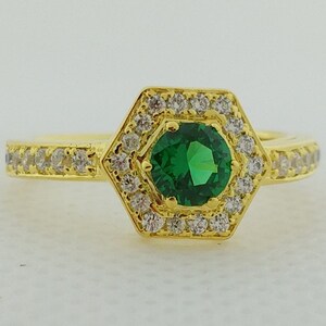 14k Gold Emerald Diamond Engagement Ring. Emerald Halo Diamond Bridal Ring. Round Emerald Wedding Ring for Women