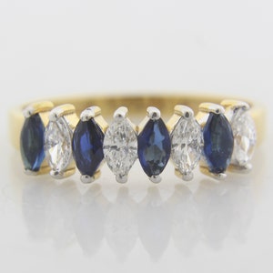 14k Gold Marquise Diamond and Sapphire Anniversary Ring, Marquise Cut Stacking Diamond Band, two tone Diamond Ring