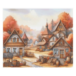 Rustic village cross stitch, village pattern, cross stitch, village, autumn forest, town cross stitch, rural, pattern, stone houses cross