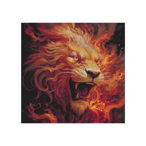 May include: A detailed painting of a roaring lion with a fiery mane and a fierce expression. The artwork features a vibrant color palette of oranges, reds, and yellows, creating a dramatic and intense visual effect. The lion's eyes glow with a golden hue.