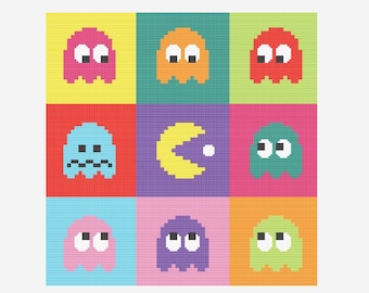May include: A pixelated image of Pac-Man and ghosts in a grid pattern. The ghosts are in different colors: pink, blue, red, orange, green, purple, and yellow. The Pac-Man is yellow.