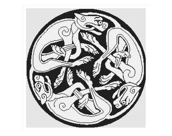 May include: Black and white illustration of three stylized dogs intertwined in a circular pattern. The dogs are depicted in a Celtic knot design.