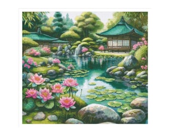 Garden cross stitch, oriental cross stitch, Japanese cross stitch, Japanese garden pattern, landscape cross stitch, Japan cross stitch