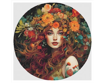Woman cross stitch, hippy cross stitch, woman pattern, art, art nouveau cross stitch, cross stitch, flowers, girl cross stitch, woman