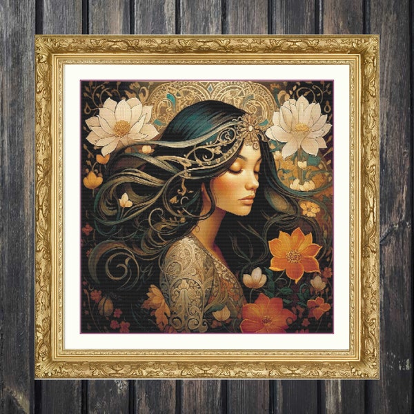 Woman cross stitch, fairy to embroider, cross stitch goddess, cross stitch art, art nouveau cross stitch, cross stitch woman, cross stitch