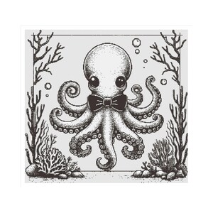 Puede incluir: Una ilustración en blanco y negro de un pulpo con una pajarita. El pulpo está rodeado de coral y algas.
