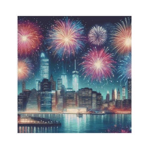 Puede incluir: Una ciudad nocturna con rascacielos y fuegos artificiales explotando en el cielo. Los fuegos artificiales son rojos, blancos y azules, y la ciudad está iluminada con luces.