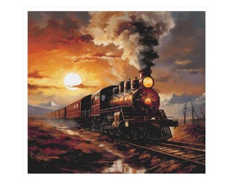 Cross stitch train,  pattern, cross stitch train, train pattern, cross stitch, dusk cross stitch, steampunk cross stitch, sunset, train
