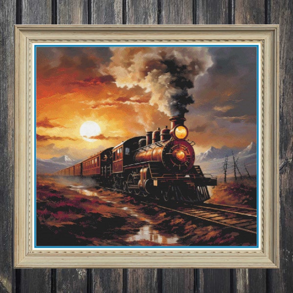 Cross stitch train, Landscape to embroider, cross stitch trains, autumn cross stitch, dusk cross stitch, steampunk cross stitch