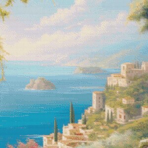 May include: A cross-stitch landscape depicts a coastal scene with a blue sea, islands, and a town on a hillside. The sky is a mix of blue and white, with hints of yellow. The buildings are white with red roofs.