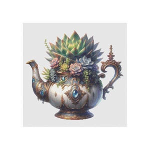Cross stitch teapot, cross stitch tea set, cross stitch tea, cross stitch cactus, cross stitch succulents, cross stitch tea time