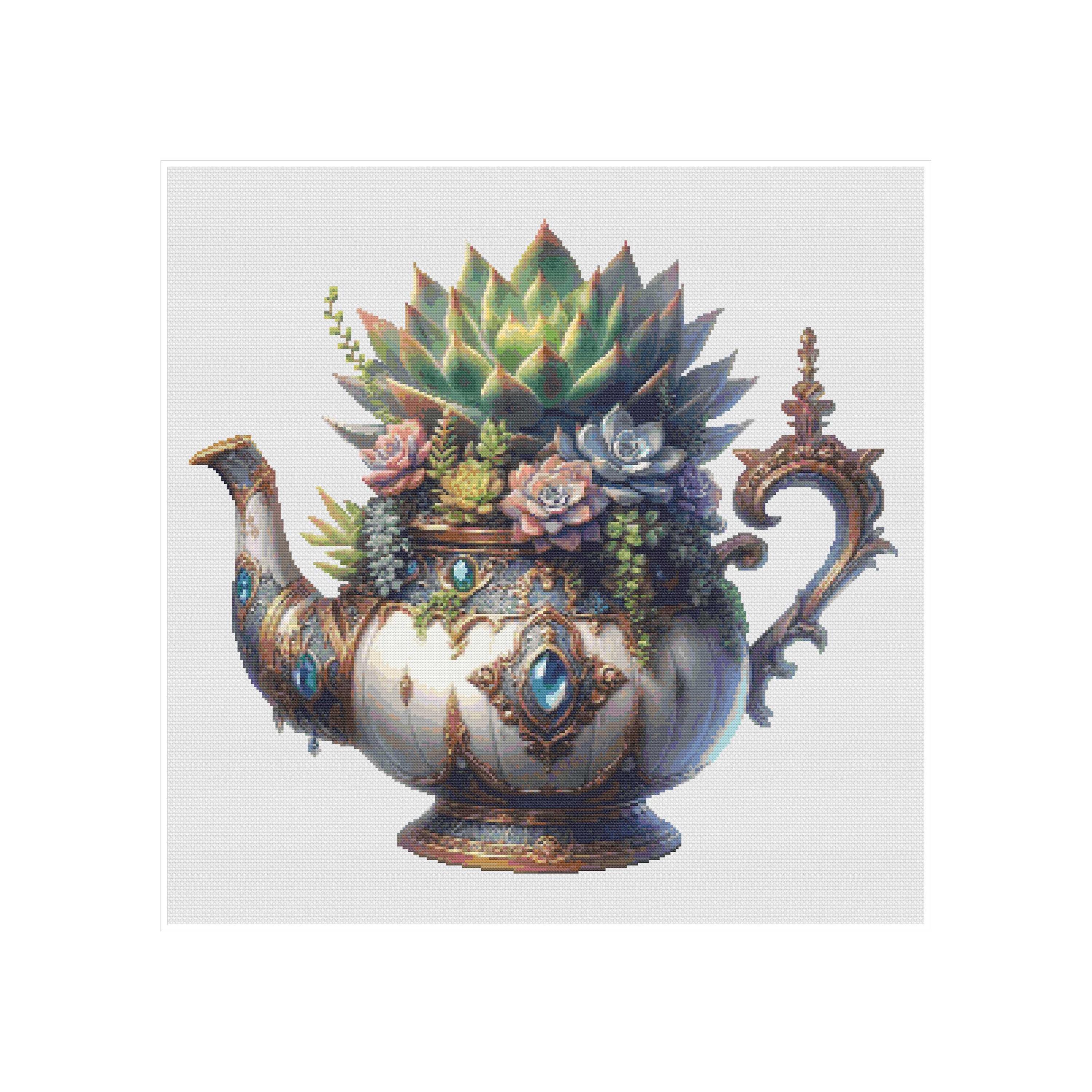 Cross stitch teapot, cross stitch tea set, cross stitch tea, cross stitch cactus, cross stitch succulents, cross stitch tea time