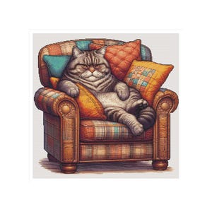 Kitten cross stitch, fat cat pattern, cat and sofa cross stitch, PATTERN KEEPER, sleeping cat, happy cat, cross stitch, angry cat pattern
