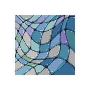 May include: Abstract digital artwork showing a mosaic of irregular shapes in shades of blue, grey, and purple. The shapes are outlined in black, creating a textured, three-dimensional effect. The artwork has a glossy finish.