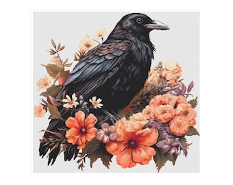 Kråka korsstygn, korsstygn kråkor, kråkmönster, skata korsstygn, Halloweenmönster, Halloween korsstygn, kråka och blommor