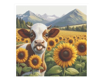 Cow cross stitch, sunflowers cross stitch, cow pattern, field cross stitch, pattern with sunflowers, cow cross stitch, pattern keeper, bull