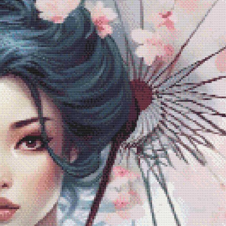 May include: A cross-stitch portrait of a woman with dark teal hair and a delicate complexion. She holds a partially visible parasol with pink floral accents. The artwork has a soft, pixelated texture, giving it a vintage feel.