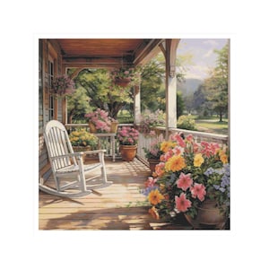 Porche punto de cruz, patrón terraza, casita punto de cruz, patrón porche, punto de cruz patio, punto de cruz terraza, casa, hogar, mecedora