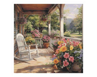 Porch cross stitch, home pattern, cross stitch, cross stitch house,  cross stitch, terrace cross stitch, porch, rocking chair, pattern