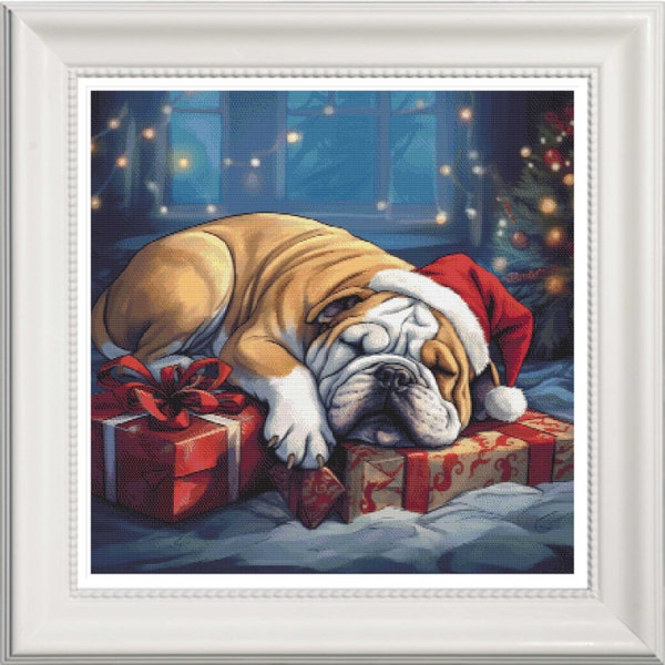 Bulldog cross stitch, bull dog to embroider, cross stitch puppy, cross stitch dog, Christmas to embroider, Christmas cross stitch