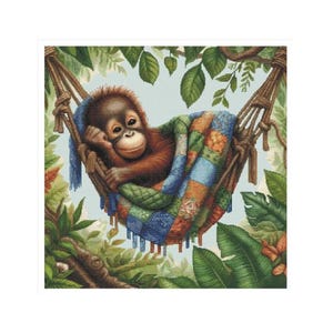 Monkey cross stitch, chimp, monkey, orangutan pattern, Sleeping baby monkey, children's cross stitch, orangutan, Baby Chimp, Chimpanzee