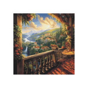 May include: A scenic painting of a balcony overlooking a European village. The balcony features a wrought-iron chair and table, with a view of a river, mountains, and buildings with red tile roofs. The sky is blue with clouds.