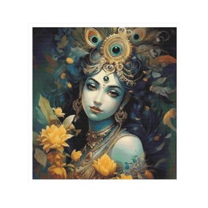 May include: A digital painting of a figure with blue skin, adorned with an ornate golden headpiece featuring a central eye motif and peacock feathers. The figure wears layered gold necklaces and is surrounded by vibrant yellow flowers.
