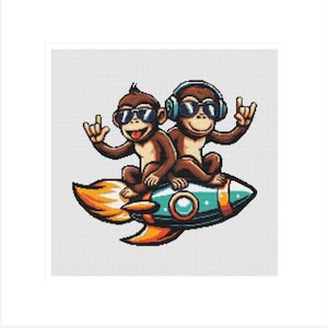 May include: A pixel art illustration of two brown monkeys riding a teal and orange rocket ship. One monkey wears sunglasses and makes a hand gesture, while the other wears headphones and sunglasses, also making a hand gesture. The rocket has flames.