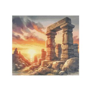 May include: A digital art piece depicting ancient stone ruins under a vibrant sunset. The artwork features a large archway supported by weathered columns, with the warm hues of the setting sun illuminating the scene. The style is reminiscent of a cross-stitch pattern.