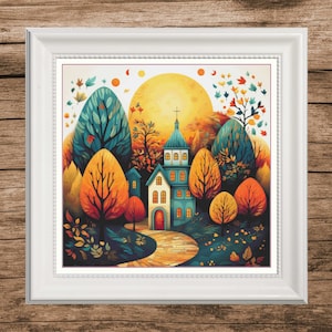 Cross stitch houses, village to embroider, cross stitch village, autumn cross stitch, village cross stitch, rural cross stitch, houses