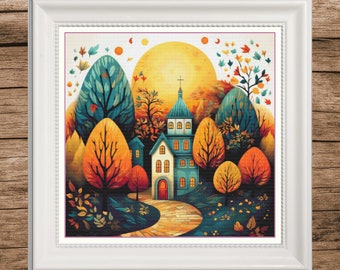 Cross stitch houses, village to embroider, cross stitch village, autumn cross stitch, village cross stitch, rural cross stitch, houses