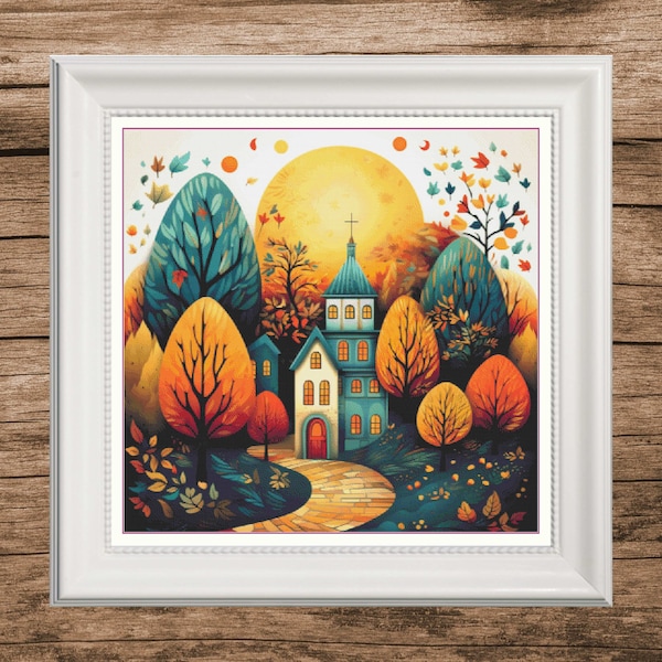 Cross stitch houses, small town to embroider, cross stitch town, autumn cross stitch, village cross stitch, rural cross stitch, houses