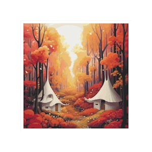 Fantasy house cross stitch, village, fantasy village, autumn cross stitch, fantasy forest, forest village cross stitch, house, home pattern