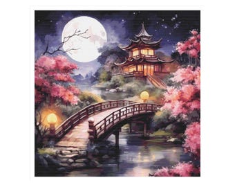 Cross stitch japanese garden, cross stitch bridge, japanese pattern, japanese garden, landscape cross stitch, Japan cross stitch, geisha