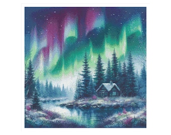 Landscape cross stitch, cross stitch borealis, aurora borealis cross stitch, cross stitch forest, cabin pattern, aurora borealis pattern