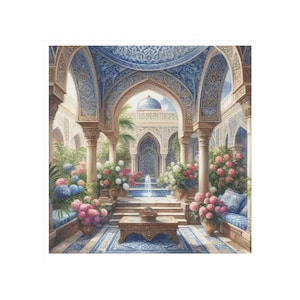 May include: A detailed painting of an ornate courtyard with a fountain. The architecture features arched doorways, columns, and intricate blue and gold patterns. Potted flowers in pink, white, and blue add color to the scene. A small wooden table sits in the center.