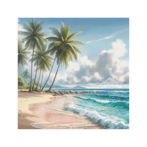 Puede incluir: Una pintura de acuarela de una escena de playa tropical. Las palmeras bordean la orilla arenosa, con olas turquesas rodando suavemente. El cielo es azul brillante con nubes blancas y esponjosas, creando un paisaje costero sereno.